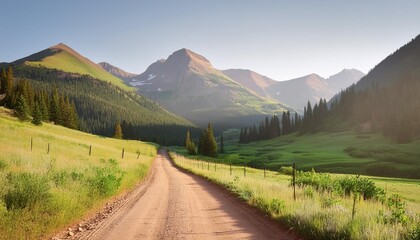 Canvas Print - view of green alpine mountains with dirt country rural countryside road to ophir pass by columbine lake trail in silverton colorado in summer morning