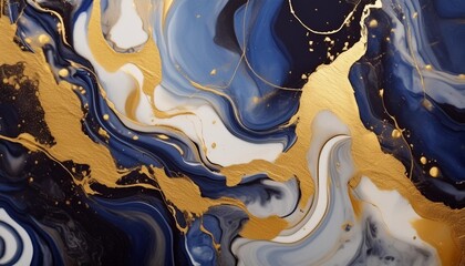 Wall Mural - marble acrylic fluid texture in deep blue colors wuth golden splashes ai