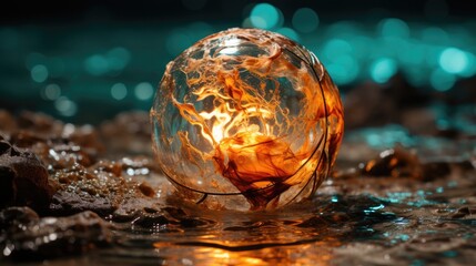 Wall Mural - a soccer ball with flames and a fireball in the water.