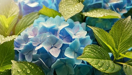 Canvas Print - blue hydrangea hydrangea macrophylla or hortensia flower with dew in slight color variations ranging from blue to purple focus on middle right flowers shallow depth of field for soft dreamy feel