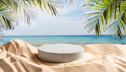 Wall Mural - summer sand and tropical sea background with abstract stone podium