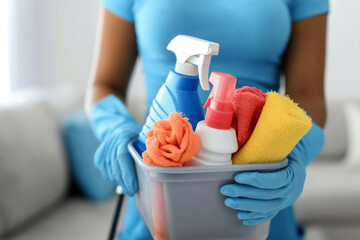 a cleaning lady with a blue shirt holding a caddy with cleaning products, she is wearing also blue nitrile gloves, white background