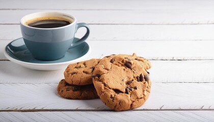 Wall Mural - oatmeal cookies with chocolate crumb and cup of coffee espresso on white wooden table front view copyspace