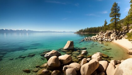 Canvas Print - lake tahoe rocky shoreline in sunny day beach with blue sky over clear transparent water