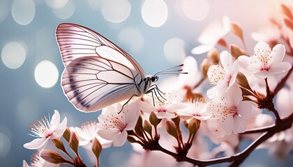 Wall Mural - beautiful white butterfly on white flower buds on a soft blurred blue background spring or summer in nature gentle romantic dreamy artistic image beautiful round bokeh