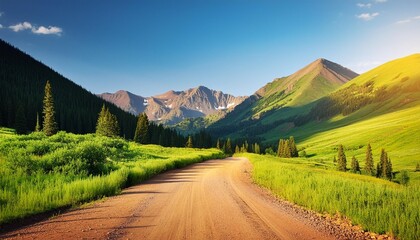 Poster - view of green alpine mountains with dirt country rural countryside road to ophir pass by columbine lake trail in silverton colorado in summer morning