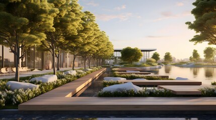 Wall Mural - Panorama of a park with benches and trees in the evening.