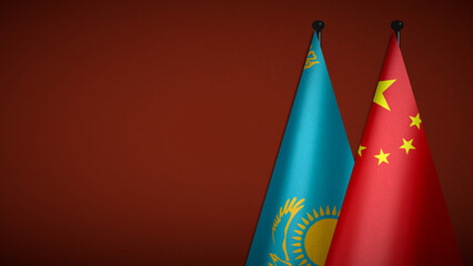 Wall Mural - 3D rendering of two flag from Kazakhstan and China on flagpoles with Red background for diplomatic. bilateral relations. peace and conflict between countries. Fabric