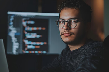 Wall Mural - A real picture of a developer coding on his laptop. In the live work environment.