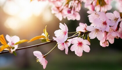 Canvas Print - horizontal banner with sakura flowers of pink color on sunny backdrop beautiful nature spring background with a branch of blooming sakura sakura blossoming season in japan