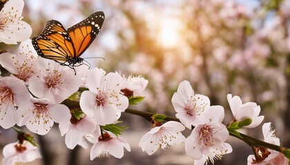 Wall Mural - flowering branches and petals on a blurred background and butterfly