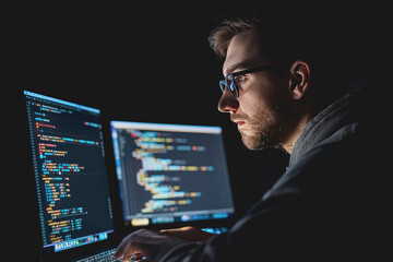A real picture of a developer coding on his laptop. In the live work environment.