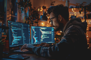 Wall Mural - A real picture of a developer coding on his laptop. In the live work environment.