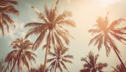 Wall Mural - blue sky and palm trees view from below vintage style tropical beach and summer background travel concept