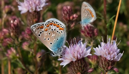 Wall Mural - common blue butterflies polyommatus icarus resting on devil s bit scabious succisa pratensis devon uk august