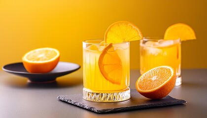 Wall Mural - cold and refreshing orange punch cocktail with orange slice on yellow background summer drink