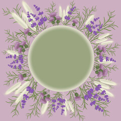 Floral round lavender frame with place for text. Lilac background. Green circle for the inscription. Postcard, invitation, banner.