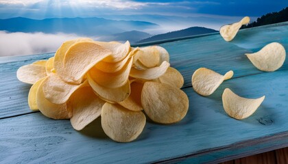 Wall Mural - delicious potato chips laying on wooden table background