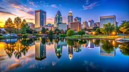 Wall Mural - Vibrant orange hues illuminate sleek skyscrapers, stadiums, and bustling cityscape along tranquil Lake Norman at sunset, North Carolina.