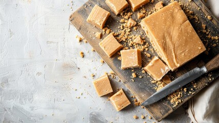 Wall Mural - Cubes of homemade fudge on cutting board with crumbs and knife