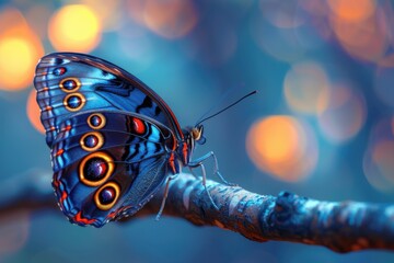 Close-up of a vibrant blue butterfly perched delicately on a branch with a beautiful blurred bokeh background.