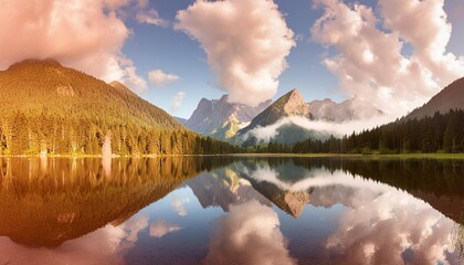 Wall Mural - mountains and clouds reflected on the water