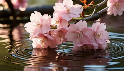 Wall Mural - beautiful pink sakura flowers on water surface closeup view