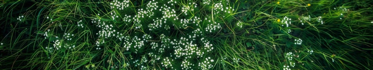 Wall Mural - High-Resolution AI-Generated Wallpaper of a Beautiful Summer Field with White Flowers and Lush Green Grass, Top-Down Botanical View