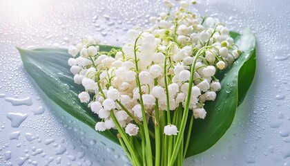 Wall Mural - bouquet of beautiful lily of the valley flowers with transparent water drops selective focus