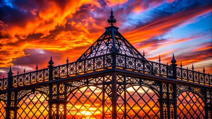 Wall Mural - Dramatic sunset casts warm golden light on iron latticework of iconic tower amidst sprawling City of Light's majestic urban landscape.