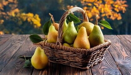 Wall Mural - fresh pear fruit in natural basket on wooden background healthy fruit