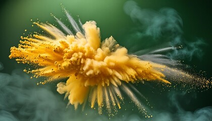 Wall Mural - yellow powder explosion on dark green background abstract motion concept