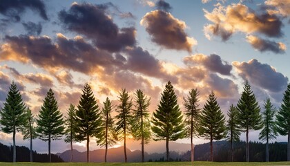 Wall Mural - illustration of a row of tall pine trees against a cloudy sunset sky background