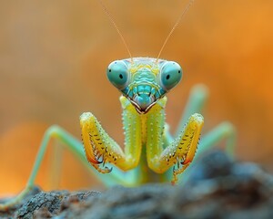 macro close-up of praying mantis on branch showing unique posture and exoskeleton texture