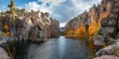 © Da - High-Resolution AI-Generated Wallpaper of Rocky Mountain Lake in Beautiful Autumn Scenery with Towering Cliffs and Clear Dark Waters, Reflecting Nature's Seasonal Changes,No one, vacation, vacation, h