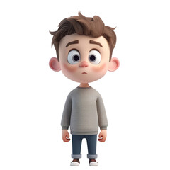 Wall Mural - Cartoon illustration of cute animated boy character with big eyes wearing sweater and jeans. Portrait of boy looking at camera isolated on transparent background