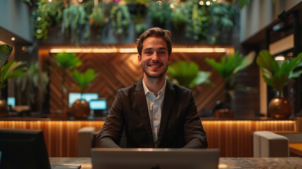 Portrait of male receptionist at desk in lobby