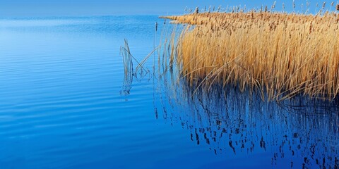 High-Resolution AI-Generated Wallpaper of Vast Reeds and Blue Sea on Pure Blue Background, Reflecting Botanical Beauty and Seasonal Changes in Nature,No one, vacation, vacation, high-definition wallpa