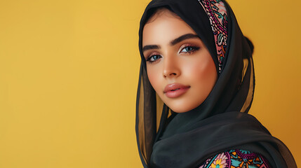 Close-up portrait of a young Arabic woman with striking eyes and a hijab. Her flawless skin and natural makeup highlight her beauty against a matching background.