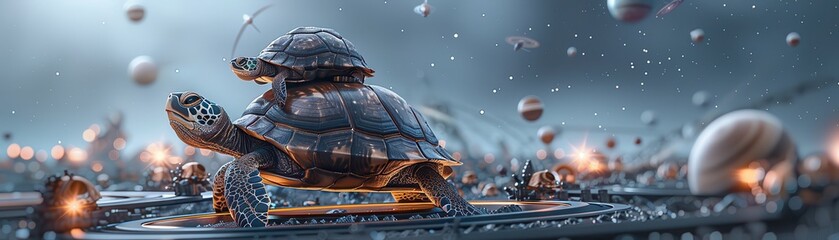 Wall Mural - a turtle is walking on a surface with many small balls scattered around it
