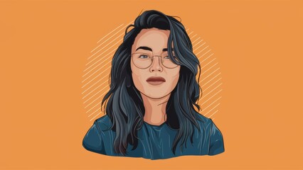 Wall Mural - A woman with glasses and long hair is drawn in a cartoon style, AI