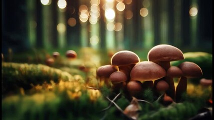 Wall Mural - A group of mushrooms are growing in a forest. The mushrooms are brown and have a fuzzy texture. The scene is peaceful and serene