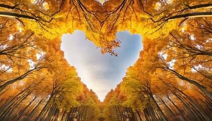 Wall Mural - heart of autumn yellow orange trees in forest with heart shape