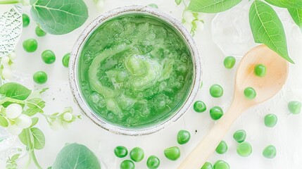 Wall Mural -  A white surface holds a bowl of green peas and a wooden spoon surrounded by green leaves