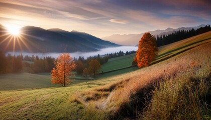 Wall Mural - autumn valley at sunrise in alps