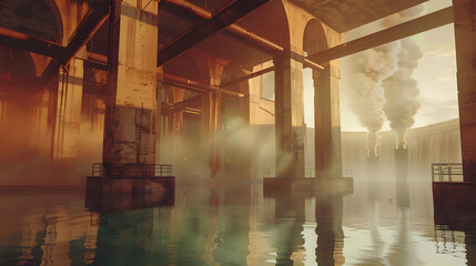 Wall Mural - inside a factory on titan, fire, oven, steam, pipes coming out of the lake