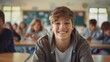© Viktoriia - Happy Teenager Boy Smiling In A Classroom Setting During Class. Generative AI