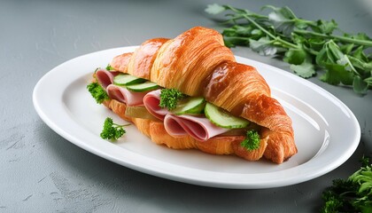 Wall Mural - croissant with meat and vegetables and greens on a white dish