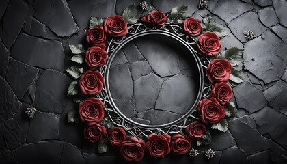 dark charcoal concrete wall background intricate creative floral frame with red roses vignette fantasy rose frame