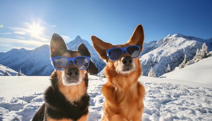 two funny dogs with sunglasses on snow covered mountain tops